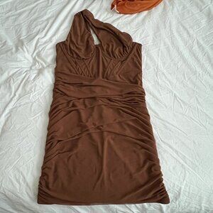 Mesh Corset Boned Brown One Shoulder Dress